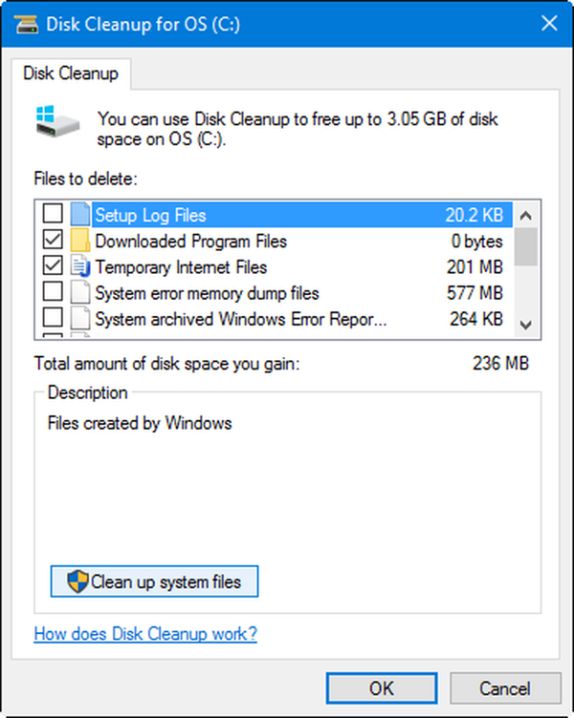 Delete temporary files using disk clean up in Windows 10