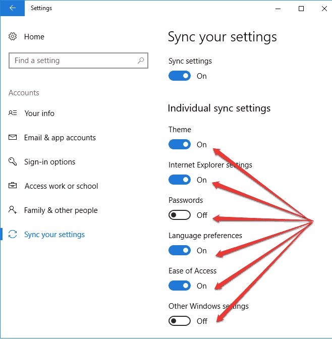 Turn On Sync for Individual Settings