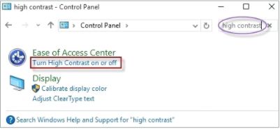 Turn on high contrast in windows 10 using Control Panel