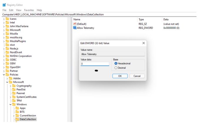 Registry Editor To Turn Off Telemetry 
