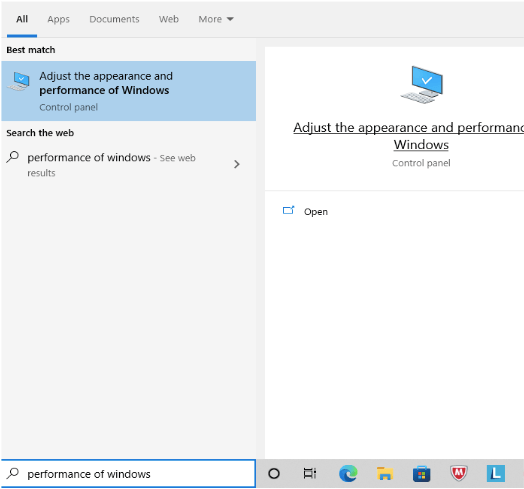 Adjust the appearance and performance of Windows