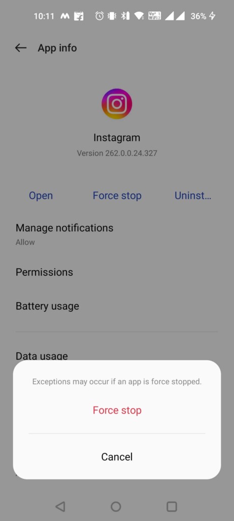 Force stop instagram