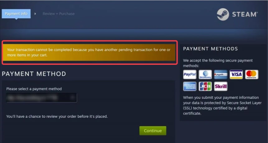 Pending Transaction Error in Steam