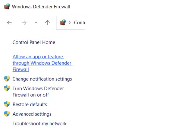 Allow an app or feature through Windows Defender Firewall